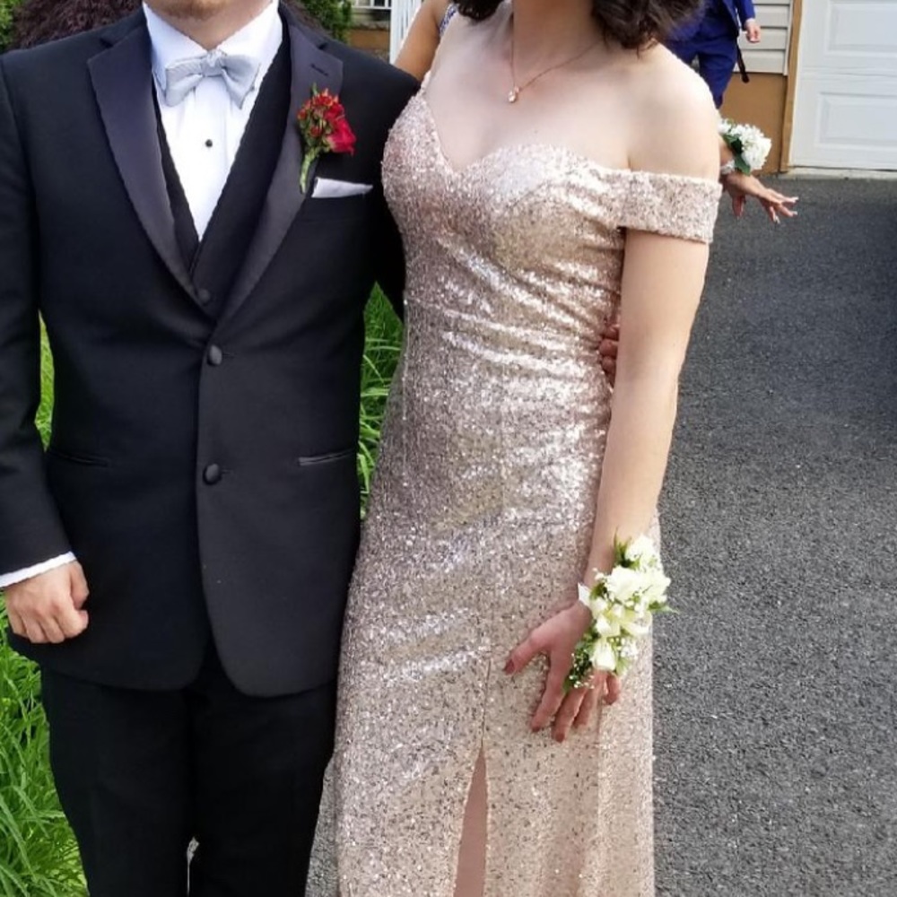 Sequined Rose Gold Prom Dress With Slit